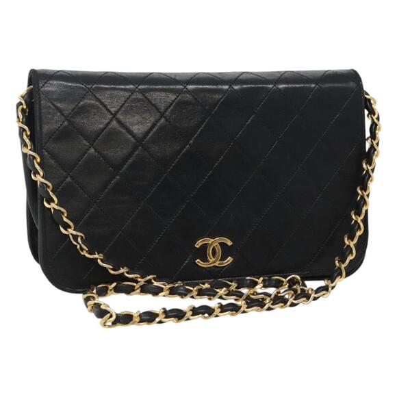 CHANEL Matelasse Chain Shoulder Bag Lamb Skin Black Gold CC - Picture 1 of 16